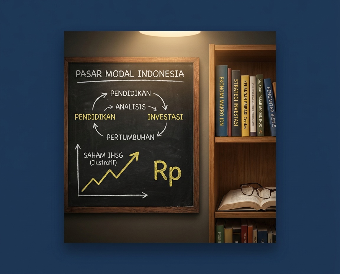 Ilustrasi ruang belajar dengan buku dan papan tulis yang mencerminkan semangat edukasi pasar modal Indonesia