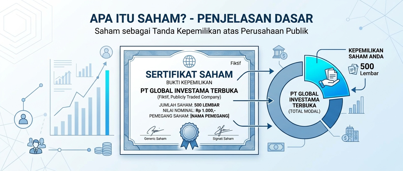Ilustrasi sertifikat saham bergaya modern dengan logo bursa Indonesia sebagai representasi kepemilikan saham di pasar modal